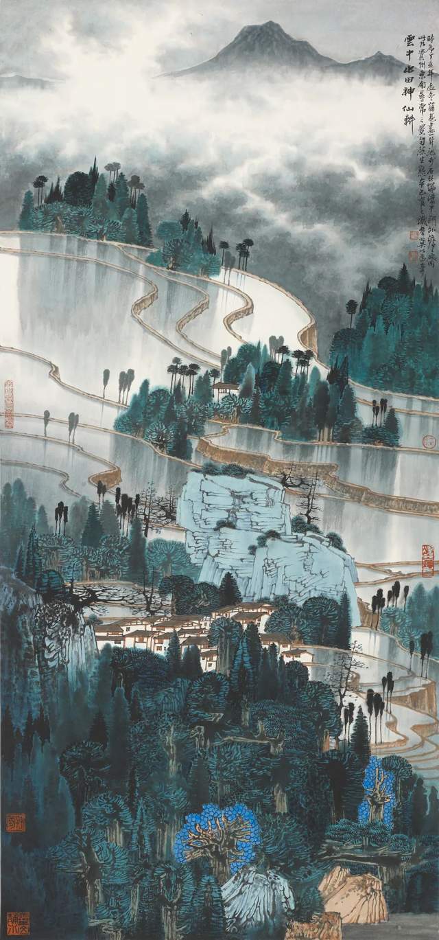 云中水田神仙耕-山水-纸本设色-48-98cm